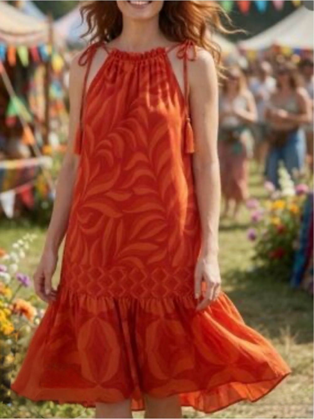 Taylor Ruffled Midi Dress with Tassel Tie Straps